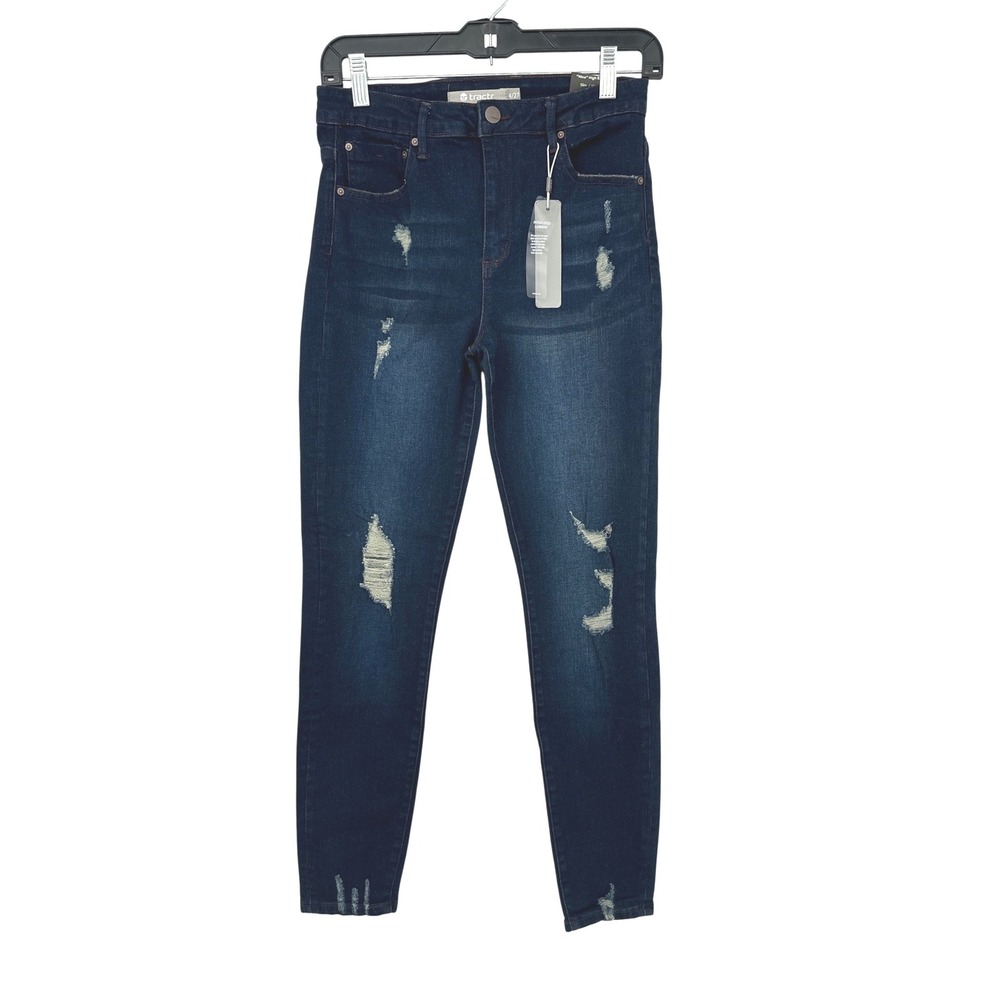 Tractr Nina High Rise Slim Jeans Women 4/27 Dark Wash Distressed Skinny Denim
